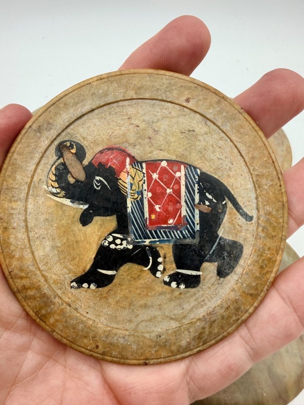 Vintage Rajasthani Marble Coasters Hand-Painted Indian Elephant Design Set Of 4 - Picture 6 of 6